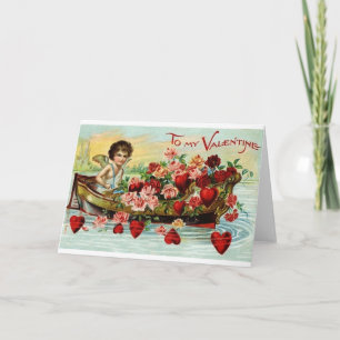 Cartão De Festividades Barco Cupido Vitoriano Com Rosas & Corações Dia do