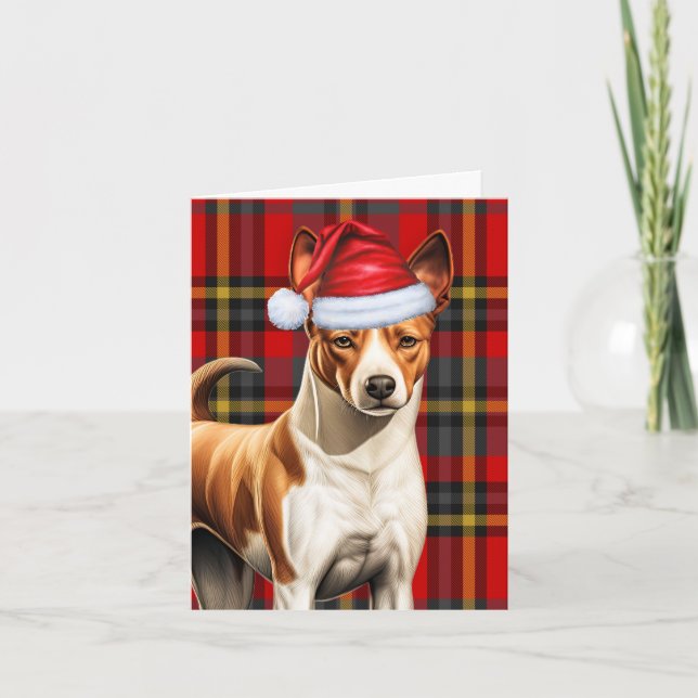 Cartão De Festividades Basenji Natal Cachorro Vermelho Xadrez Verde Natal (Frente)