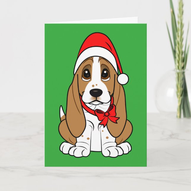 Cartão De Festividades Basset Hound no chapéu do papai noel no Natal (Frente)
