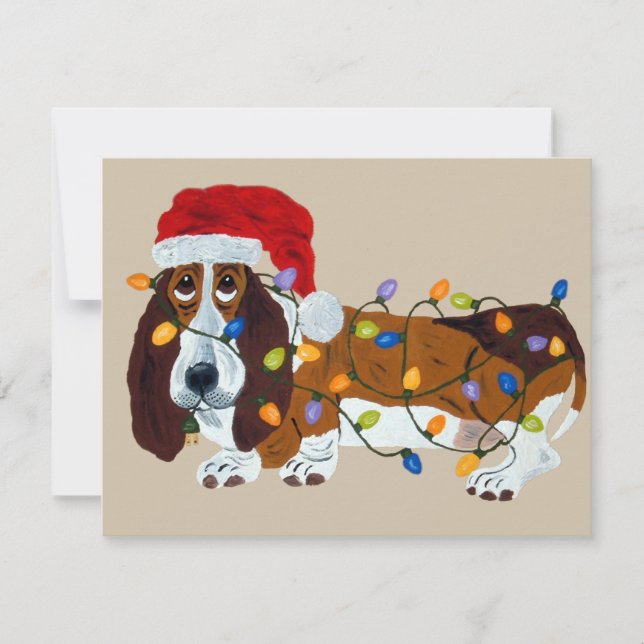 Cartão De Festividades Basset Tangled em luzes de Natal (Frente)