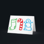 Cartão De Festividades Bastão e boneco de neve de doces da meia do Natal<br><div class="desc">Comemore os feriados com estes meia,  bastão de doces e ícones tirados miúdo do Natal do boneco de neve. Obrigado olhando o design feliz dos alimentos. © de Berenice Limon.  www.zazzle.com/kitteh03 para mais design!</div>