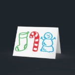 Cartão De Festividades Bastão e boneco de neve de doces da meia do Natal<br><div class="desc">Comemore os feriados com estes meia,  bastão de doces e ícones tirados miúdo do Natal do boneco de neve. Obrigado olhando o design feliz dos alimentos. © de Berenice Limon.  www.zazzle.com/kitteh03 para mais design!</div>