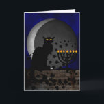 Cartão De Festividades Bate-papo Chanukah Noir<br><div class="desc">Uma silhueta do gato preto de Théophile Steinlen para o clube de Le Conversa Noir em um ajuste moderno para Chanukah que caracteriza o gato preto com um menorah iluminado e waning moon.</div>