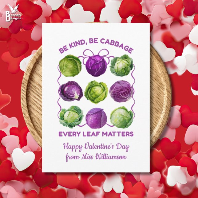 Cartão De Festividades BE KIND CABBAGE Inclusive Teacher Class Valentine (BE KIND, BE CABBAGE Class Valentine Inclusive Teacher card with personalized teacher name.)