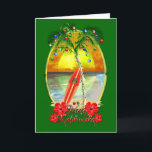 Cartão De Festividades Beach Mele Kalikimaka<br><div class="desc">Mele Kalikimaka,  havaiano para Feliz Natal. Arte de praia com palmeira decorada com luzes e ornamentos de Natal.</div>