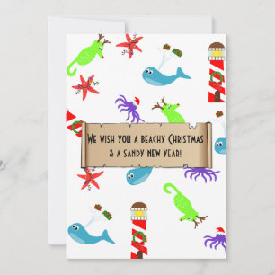 Cartão De Festividades Beachy Christmas e Sandy New Year Sea Creatures