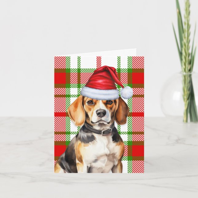 Cartão De Festividades Beagle Christmas Dog Red Green Xadrez Natal (Frente)
