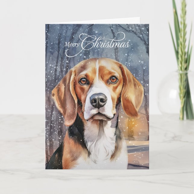 Cartão De Festividades Beagle Dog Snowy Woodland Forest Feliz Natal (Frente)