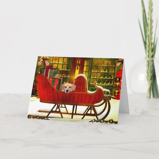 Cartão De Festividades Beagle em trenó de Natal (Frente)