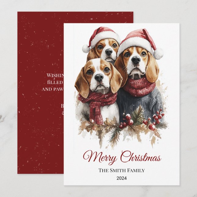 Cartão De Festividades Beagle Watercolor Natal Mínimo (Frente/Verso)