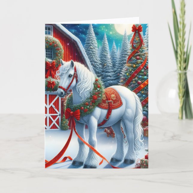 Cartão De Festividades Beautiful Equestrian White Horse Christmas (Frente)