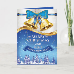 Cartão De Festividades Beautiful Golden Christmas Bells with Blue Bow