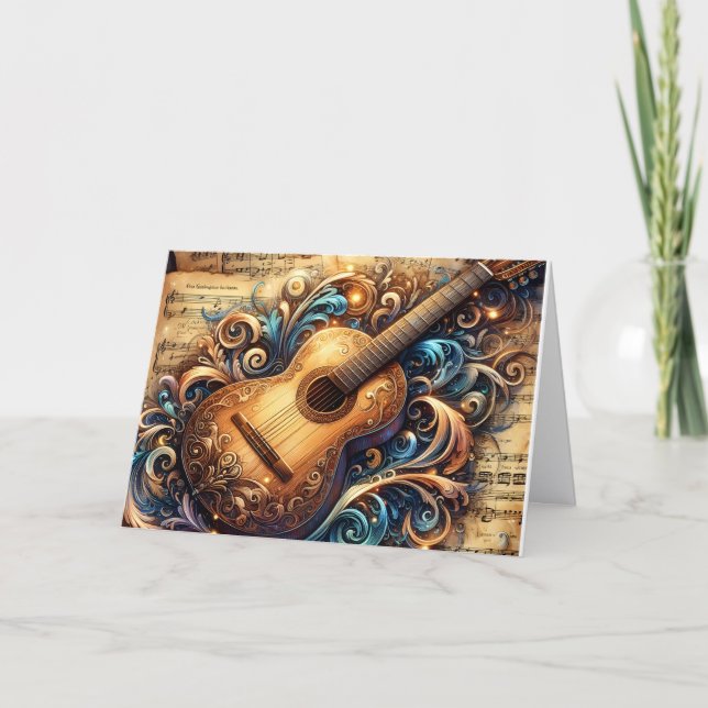 Cartão De Festividades Beautiful Golden Guitar and Sheet Music Christmas (Frente)
