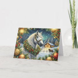 Cartão De Festividades Beautiful White Horse and Christmas Wreath