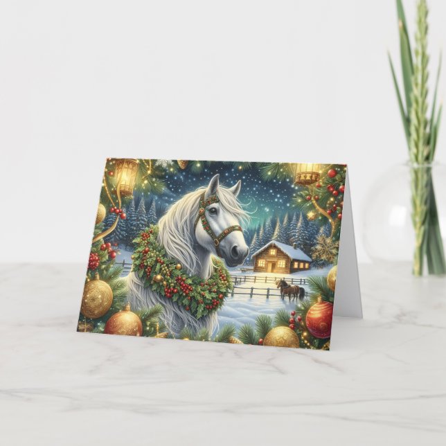 Cartão De Festividades Beautiful White Horse and Christmas Wreath (Frente)