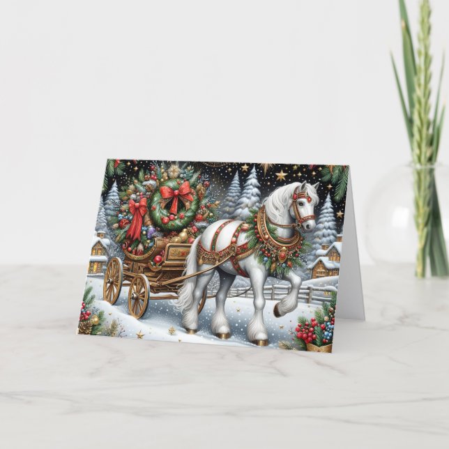 Cartão De Festividades Beautiful White Horse Pulling Sleigh (Frente)