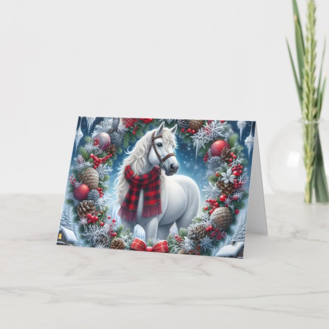 Cartão De Festividades Beautiful White Horse Wearing Plaid Scarf (Frente)