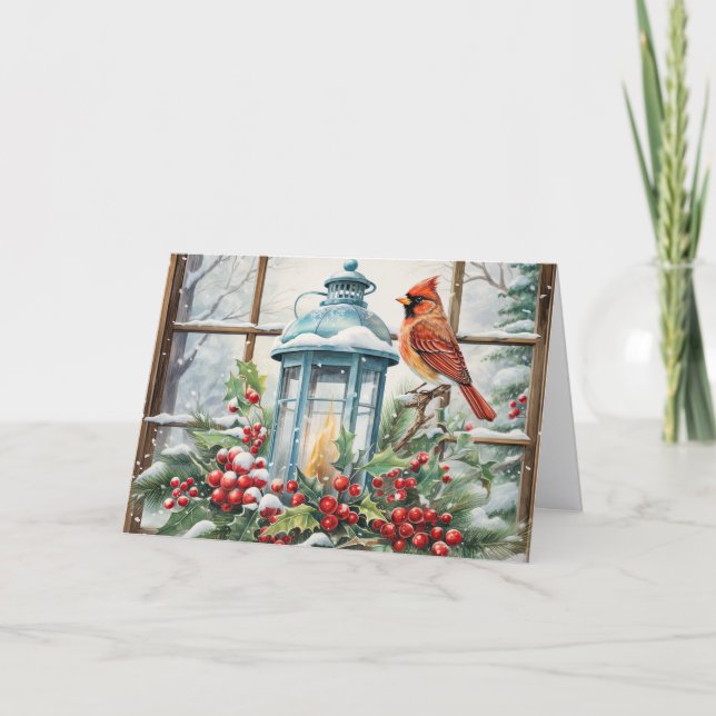 Cartão De Festividades Beautiful Winter Cardinal with Lantern Christmas (Frente)