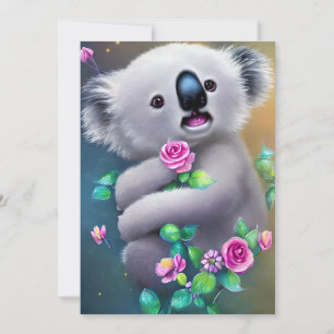 Cartão De Festividades Bebê Adorável Urso Koala com Flores
