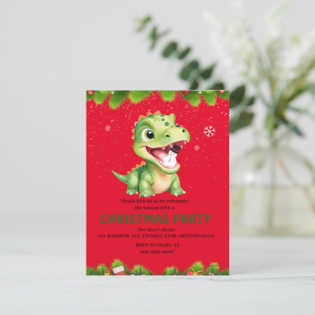 Cartão De Festividades Bebê bonito Dinossauro segurando festa de natal de (Em pé/Frente)