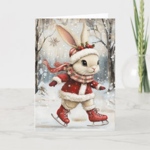 Cartão De Festividades Bebê Coelho Fofo de Patinação no Gelo Natal