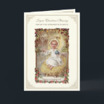Cartão De Festividades Bebê de Natal Jesus Poinsettias Rosary<br><div class="desc">Apresentando uma bela imagem vintage do Bebê Jesus em um manger segurando um globo com uma fronteira de rosa. ... Dentro é um buquê floral de poinsettia,  rosário e verso das escrituras abaixo. Todo texto pode ser modificado.</div>