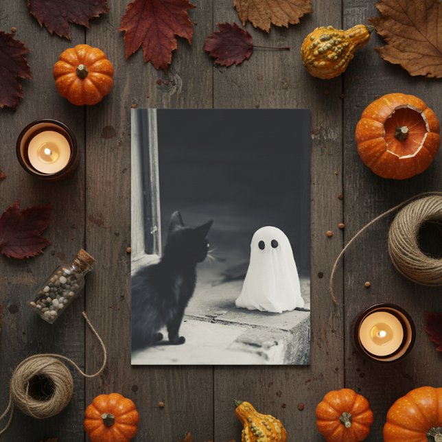 Cartão De Festividades Bebê Fantasma e Gatinho Fofo no Halloween (Criador carregado)