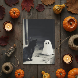 Cartão De Festividades Bebê Fantasma Fofo e Gatinho de Halloween