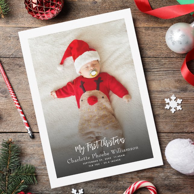 Cartão De Festividades Bebê Foto Primeiro Nascimento Stats Natal (Baby Photo First Christmas Birth Stats Greetings Card)