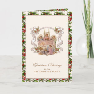 Cartão De Festividades Bebê Jesus com Anjos Vintage Holly Berries