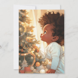 Cartão De Festividades Bebê Negro Olhando para uma Árvore de Natal