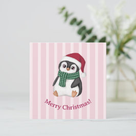 Cartão De Festividades Bebê Pinguim Fofo Usando Chapéu de Papai Noel Nata