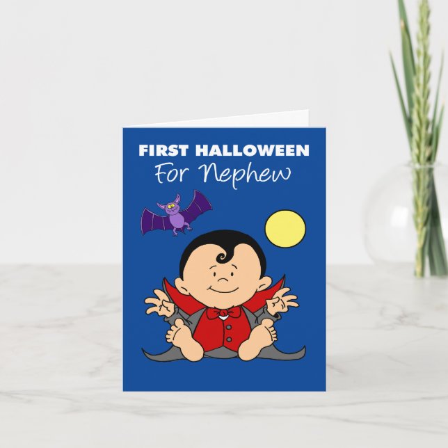 Cartão De Festividades Bebê Primeiro Halloween Sobrinho Vampiro de Cartoo (Frente)