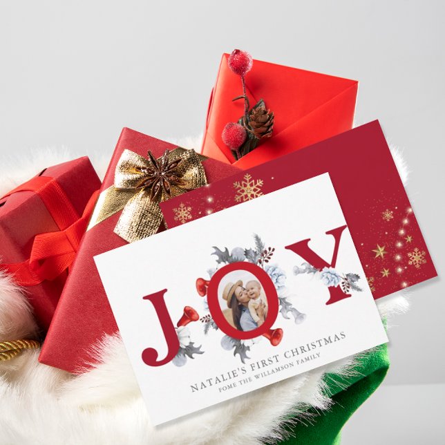 Cartão De Festividades Bebê Primeiro Natal Poinsettia Pine Foto Floral (Criador carregado)