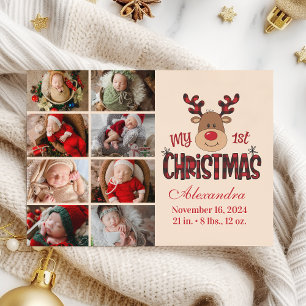 Cartão De Festividades Bebê Rena Plaid Primeiro Natal 8 Foto 