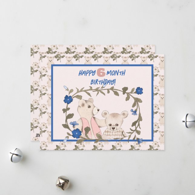 Cartão De Festividades Bebê Urso Meio Ano Garota de Aniversário (Frente/Verso In Situ)