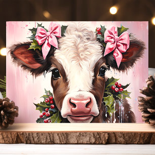 Cartão De Festividades Bebê Vaca Bonita com Laços Rosa Natal