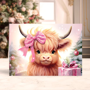 Cartão De Festividades Bebê Vaca das Terras Altas com Laço Rosa Natal