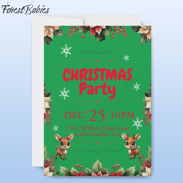 Cartão De Festividades Bebê Veado, Corça, Floral Rena 🦌 🎄 Verde (Cute Baby Floral Deer, Fawn, Doe Lover, Reindeer Antlers, Snowflake Pattern, Green Invitation 🦌 🎄)