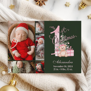 Cartão De Festividades Bebê Verde Rosa Primeiro Natal 5 Foto  