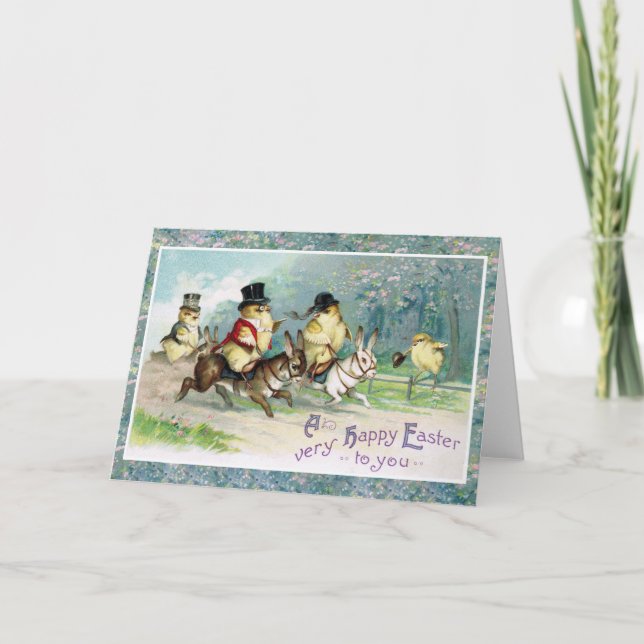 Cartão De Festividades Bebês Pintinhos em uma Caça Inglesa na Páscoa Morn (Frente)
