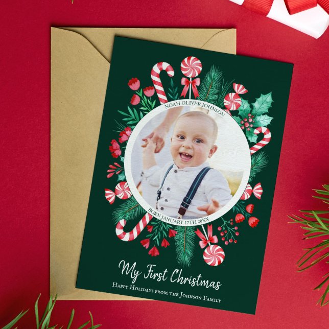 Cartão De Festividades Bebês Primeiro Natal Aquecedor (First Christmas Baby Keepsake Christmas Holiday Card)