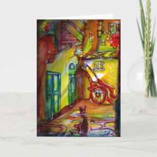 CARTÃO DE FESTIVIDADES BECO MEDIEVAL À NOITE EM FLORENTE COM GATO PRETO