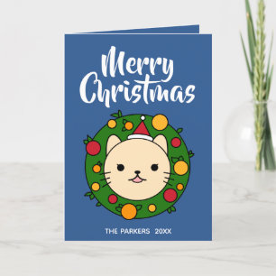 Cartão De Festividades Beige Cat Wreath Azul Foto de Natal Merry
