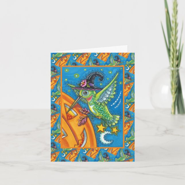 Cartão De Festividades BEija-FLOR DO DIA DAS BRUXAS & LANTERNA DE ABÓBORA (Frente)