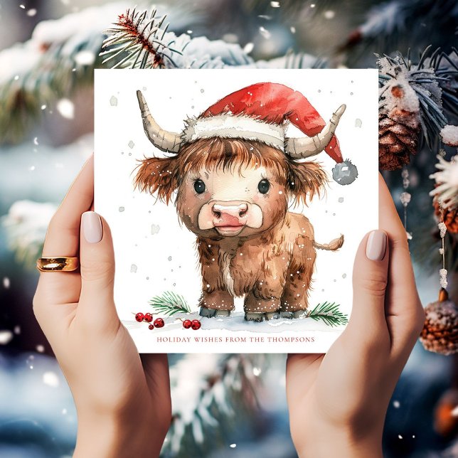 Cartão De Festividades Bela Vaca em Terras Altas Nome Feliz Natal (Criador carregado)