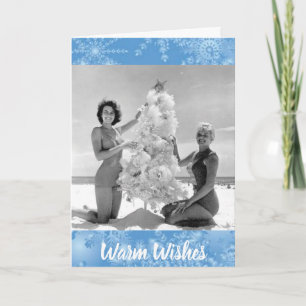 Cartão De Festividades Belas Balas e Árvore de Natal na Praia dos anos 60