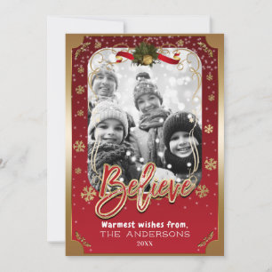 Cartão De Festividades Believe Red & Gold Winter Snowflakes Holiday Photo