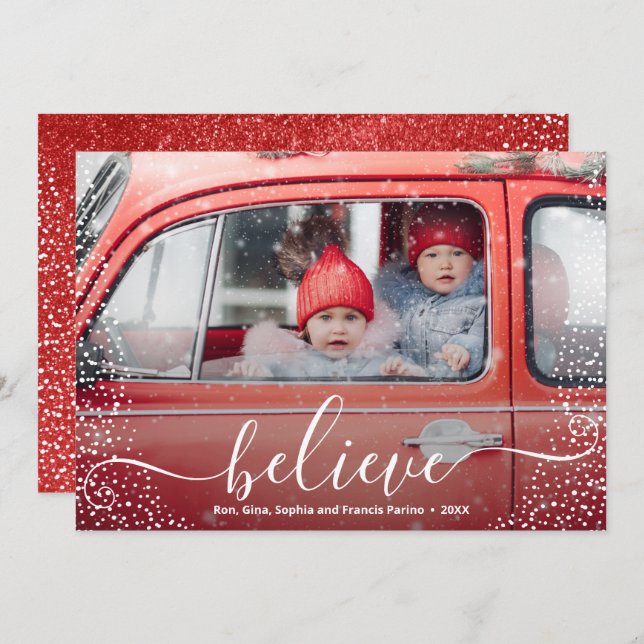 Cartão De Festividades BELIEVE Script Snowflake Foto (Frente/Verso)
