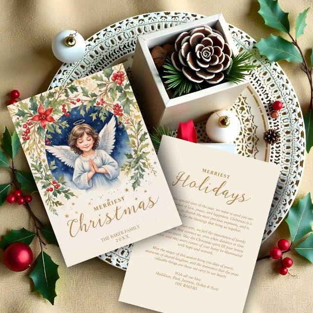 Cartão De Festividades Belo Natal Chic Flores Anjos Vitorianas (Classic Gorgeous Chic Christmas Brown Hair Angel with Flowers Victorian-Themed Inspired Holidays.)
